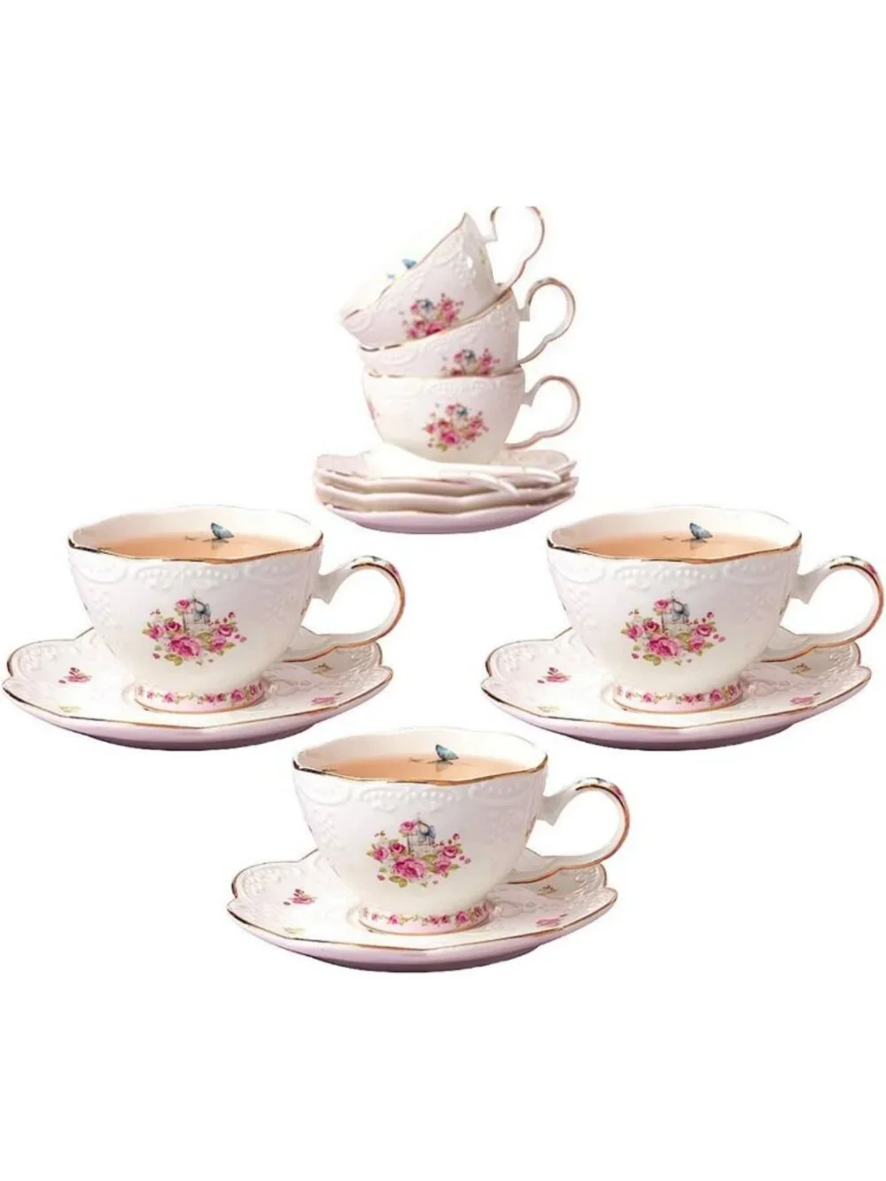 Elegant Porcelain Flower Tea Cup & Saucer Set - 6 Piece Dining Set